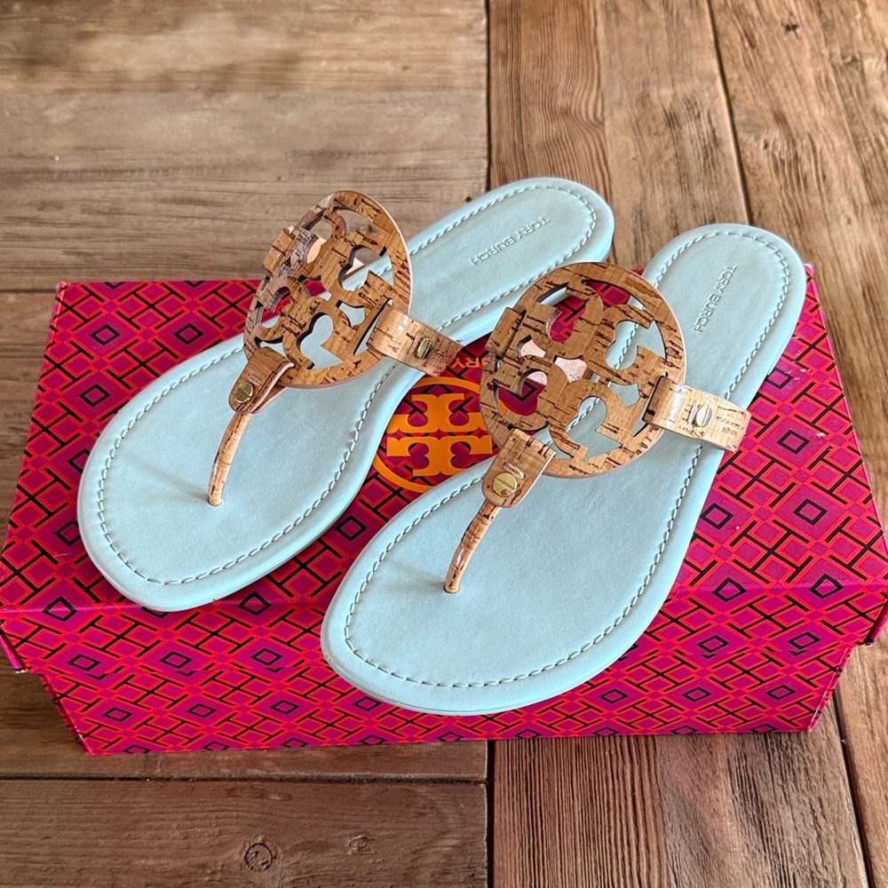 Tory Burch Cork and Light Blue Sandals
